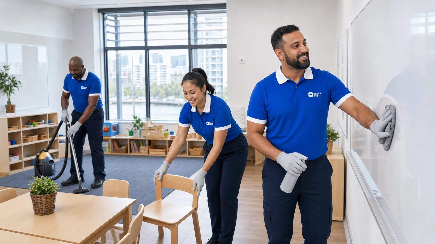 Clean Best cleaner sanitising a play mat in an early learning room near Silverwater NSW