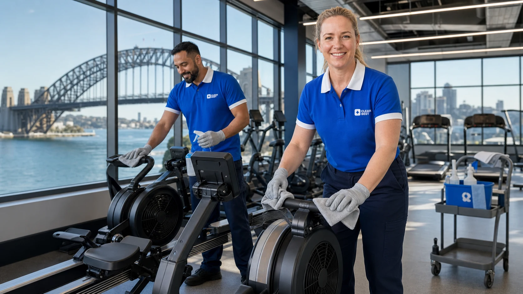 Clean Best cleaner wiping equipment in a warehouse-unit gym in Silverwater NSW